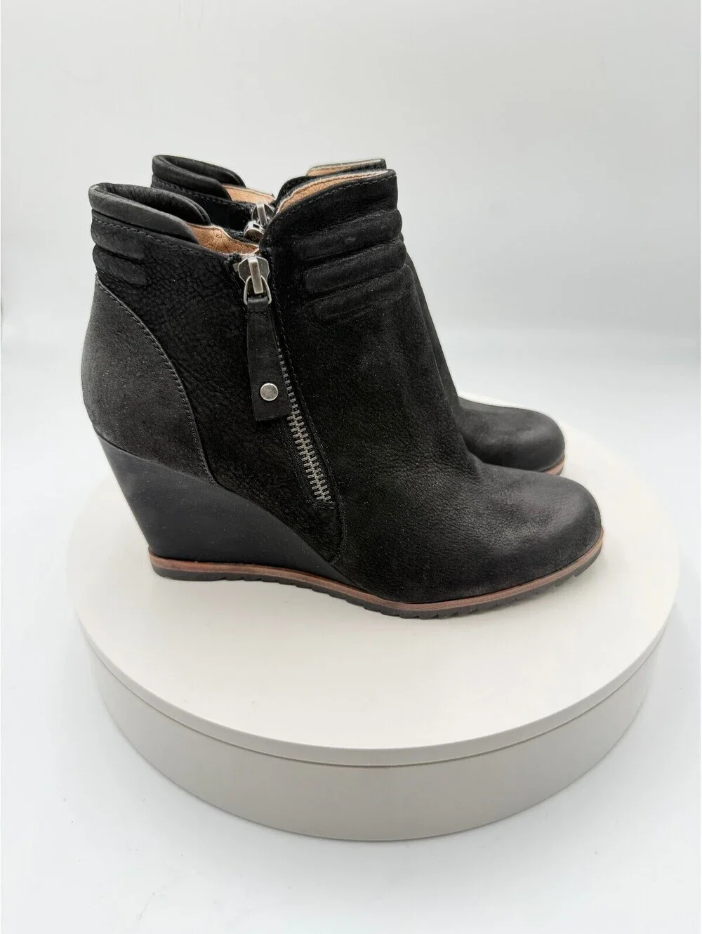Biala Ashton Black Leather Wedge Ankle Boots Side Zip Size 37M US 6.5